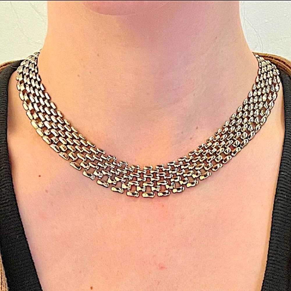 Gold Tone Mesh Link Collar Necklace Wide Bib Tarnish Free Everyday Jewelry